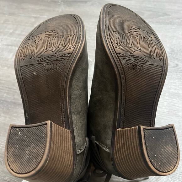 Roxy Dakota Sz 8 Booties Faux Leather Sherpa Lined Block Heels Boho Western Tie - Picture 6 of 8